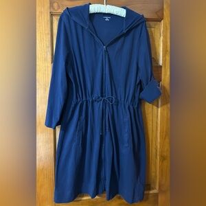 Lands' End Classic Blue Cotton Hooded Zip Front Swimsuit Cover Up or Jacket